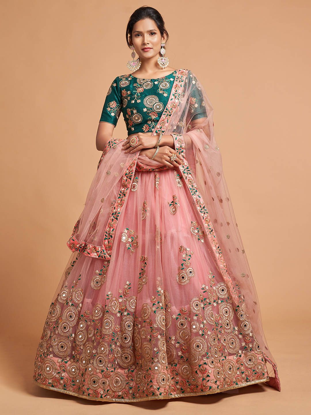 FABPIXEL Peach-Coloured & Green Embroidered Mirror Work Kalamkari Semi-Stitched Lehenga & Unstitched Blouse Price in India