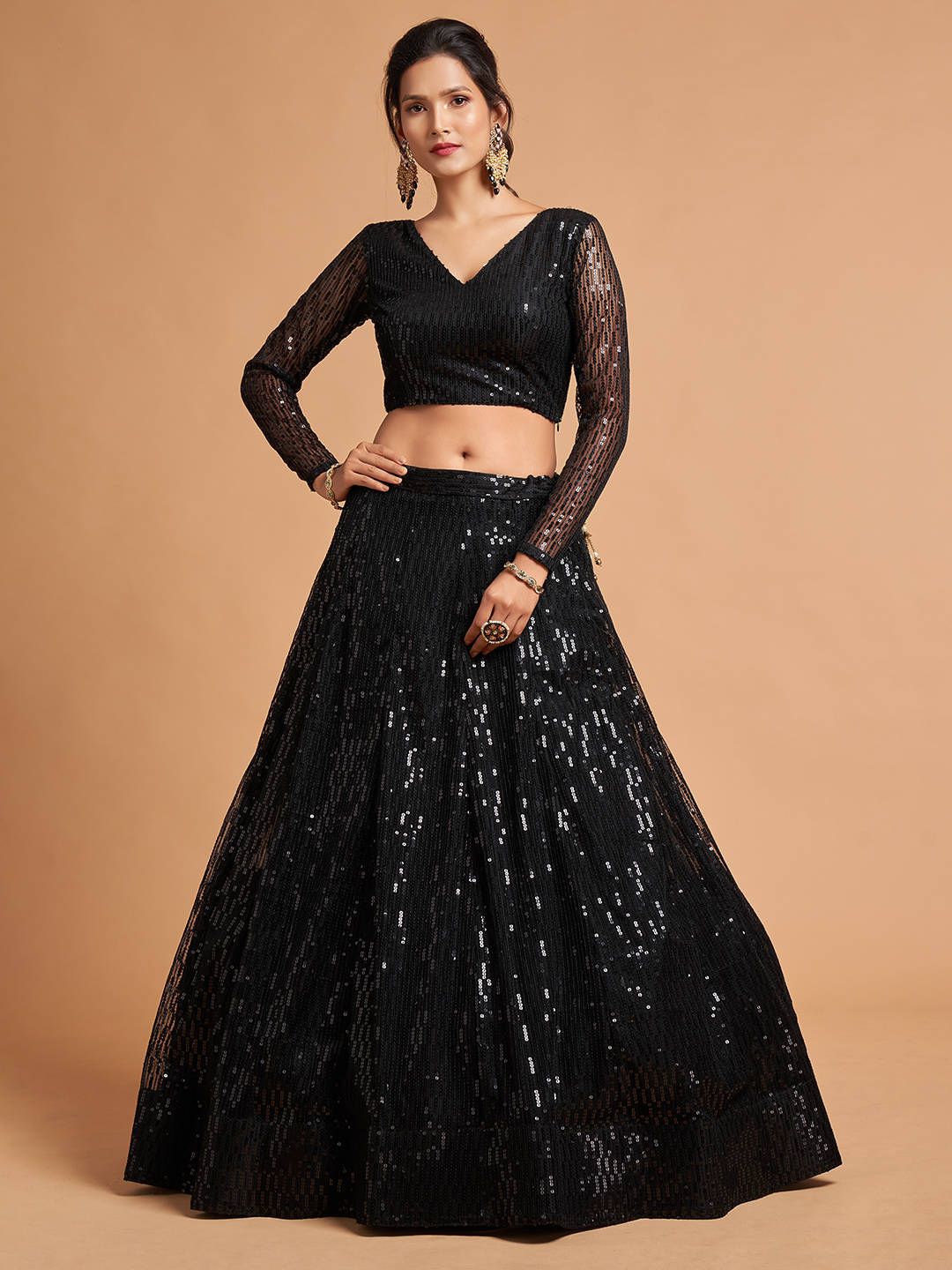 FABPIXEL Black Embroidered Sequinned Kalamkari Semi-Stitched Lehenga & Unstitched Blouse With Dupatta Price in India