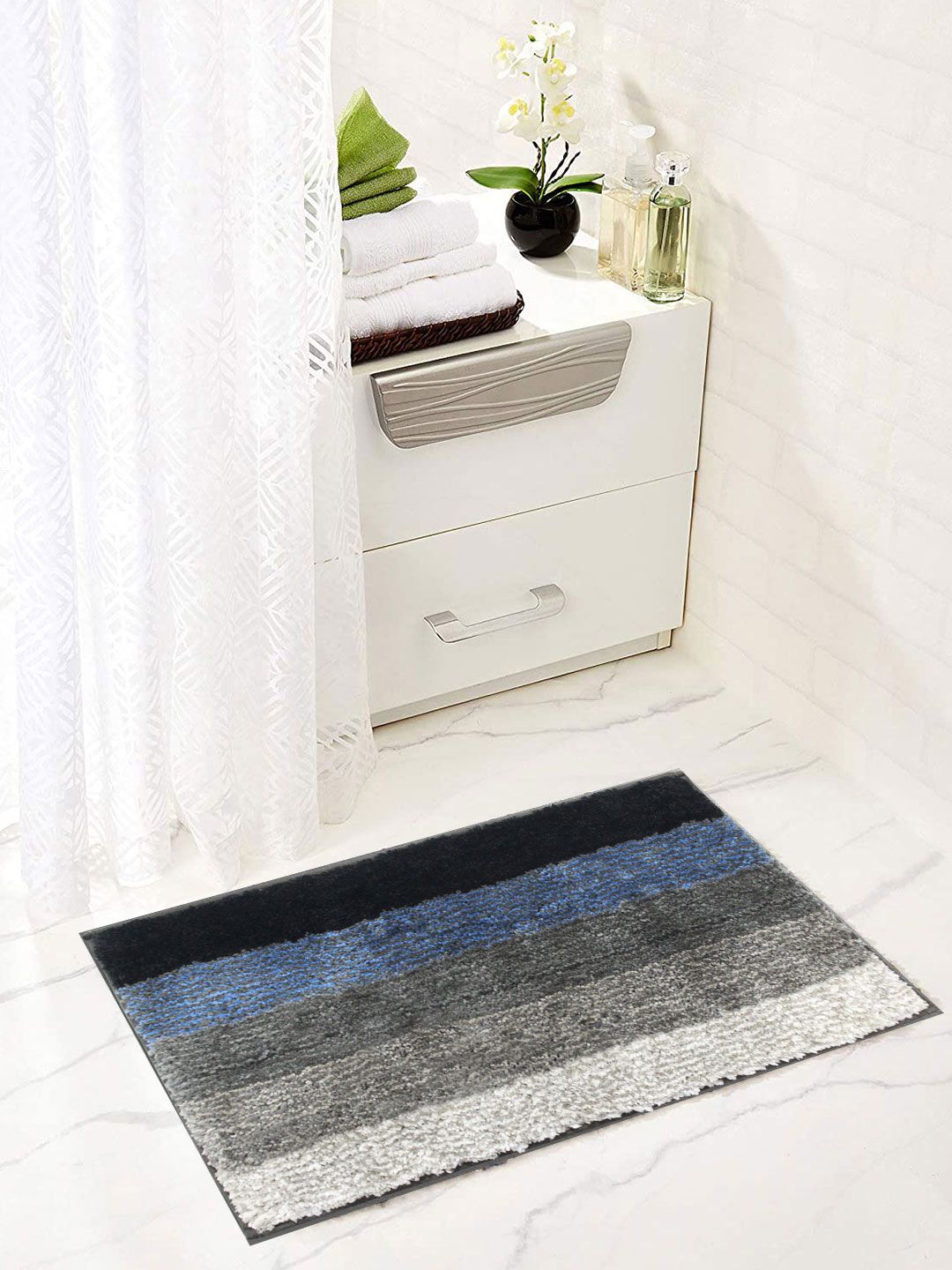 LUXEHOME INTERNATIONAL Set Of 2 Grey Striped 1600 GSM Anti-Skid Bath Rugs Price in India