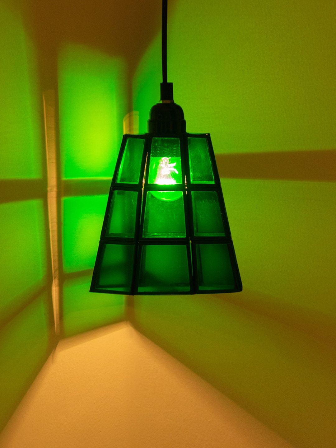 ExclusiveLane Green & Black Handcrafted Conical Hanging Glass Pendant Lamp Price in India