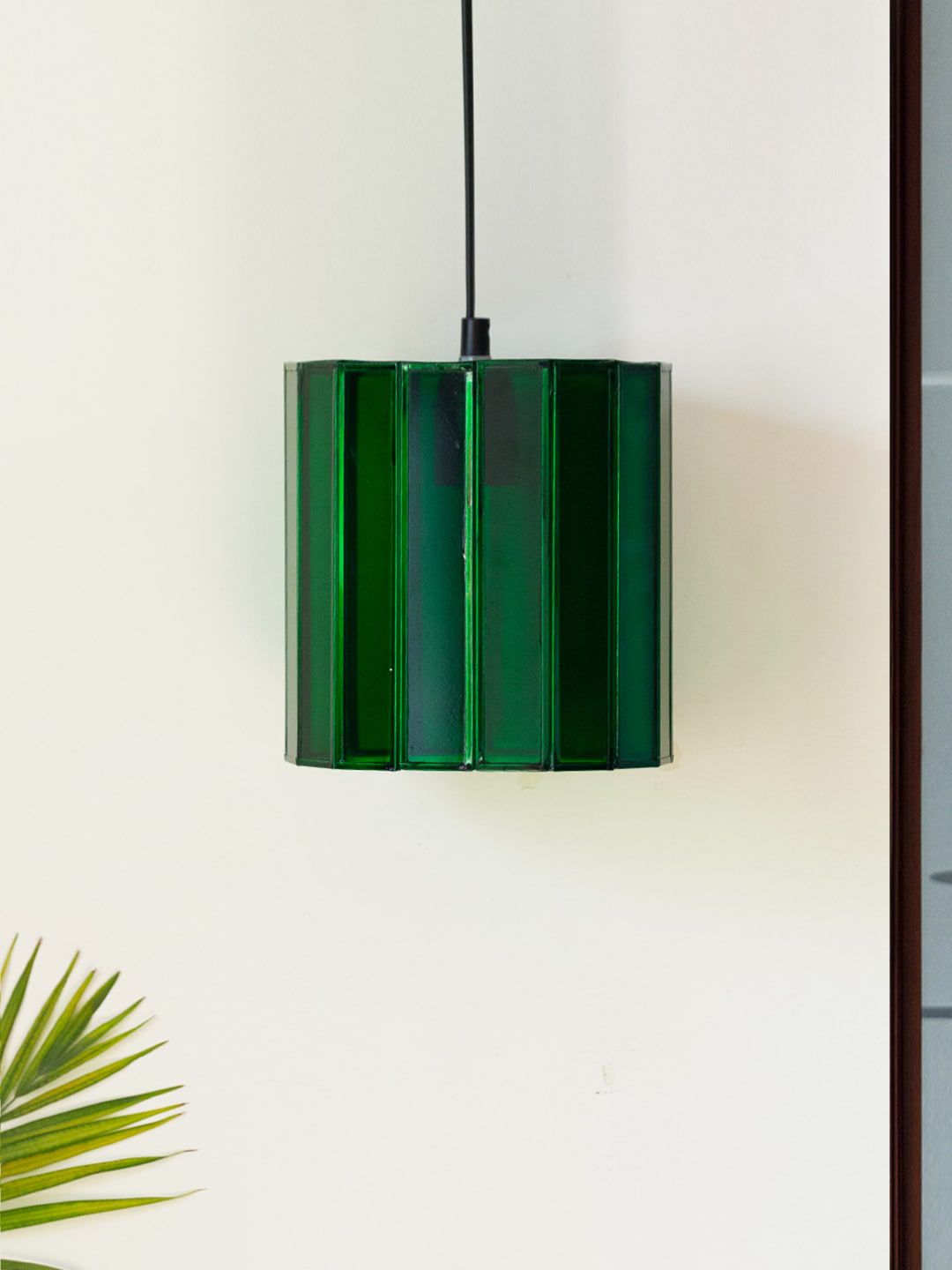 ExclusiveLane Green Textured Handcrafted Cylindrical Hanging Glass Lamp Price in India