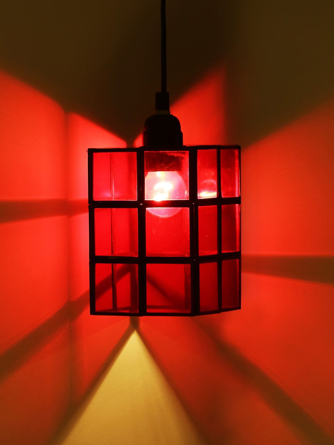 ExclusiveLane Red & Black Handcrafted Cuboidal Hanging Glass Pendant Lamp Price in India