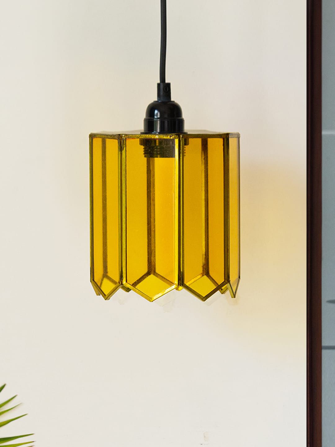 ExclusiveLane Canary Yellow & Black Handcrafted Cylindrical Hanging Glass Pendant Lamp Price in India