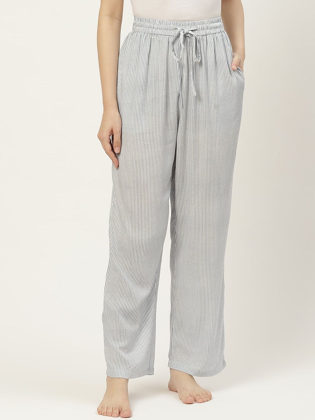 Not Just Pyjamas Women White & Blue Striped Lounge Pants Price in India