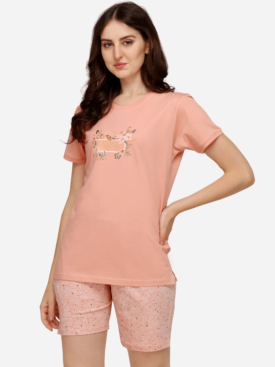 Lenissa Women Peach-Coloured & White Printed Night suit Price in India