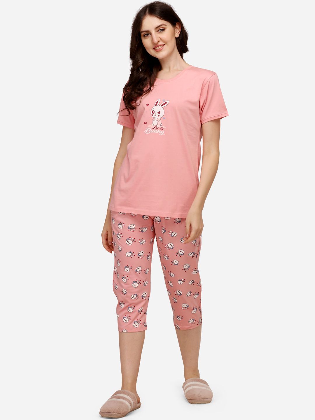 Lenissa Women Pink Printed Pure Cotton Night suit Price in India