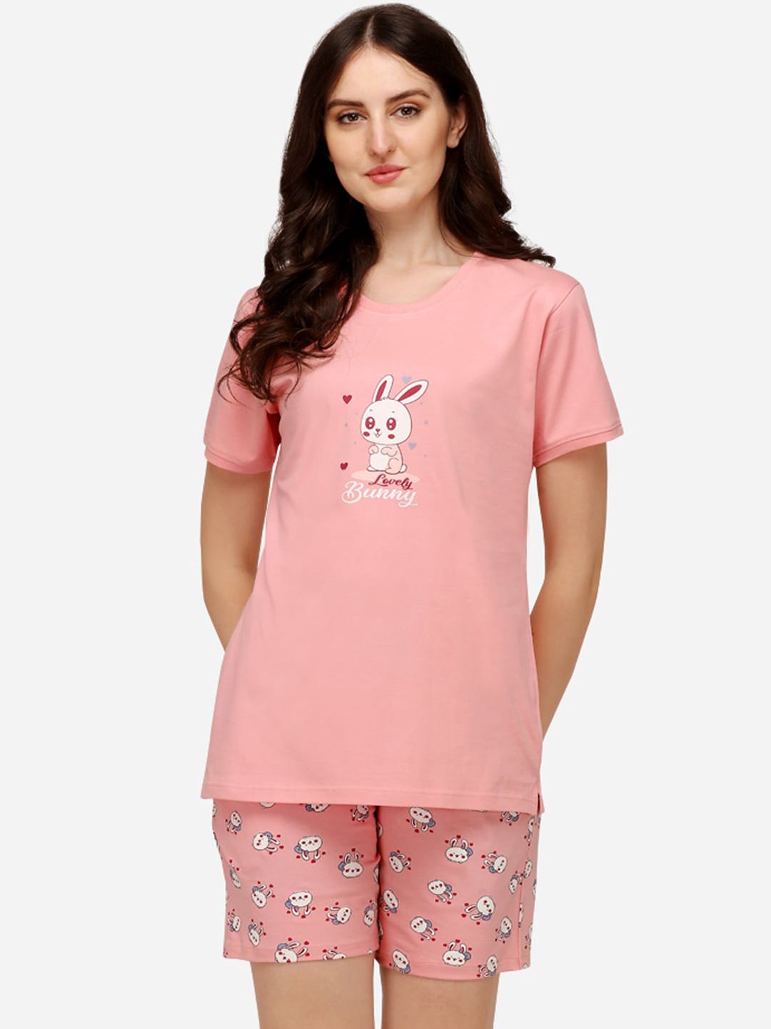 Lenissa Women Pink Printed Pure Cotton Night suit Price in India