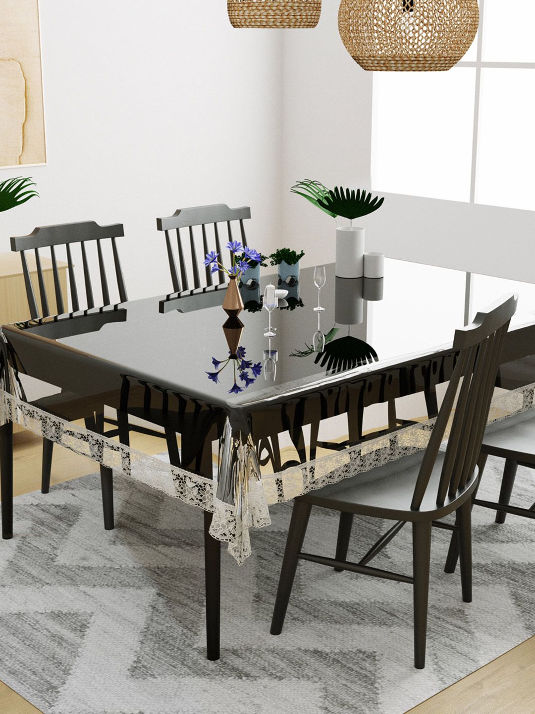 DREAM WEAVERZ Transparent & Silver Toned Solid 4 Seater Dining Table Covers Price in India
