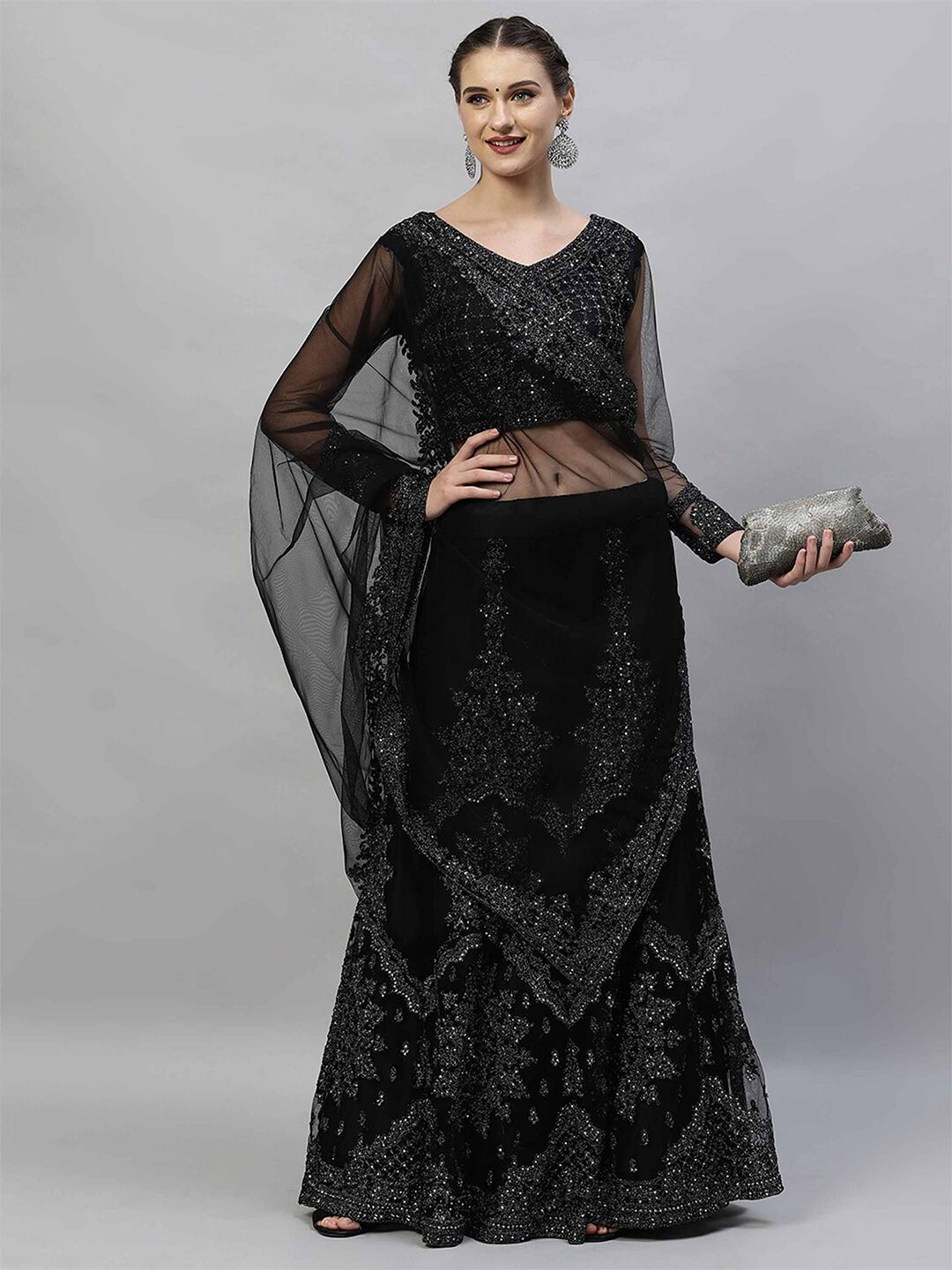 RedRound Black Embroidered Sequinned Semi-Stitched Lehenga & Unstitched Blouse With Dupatta Price in India