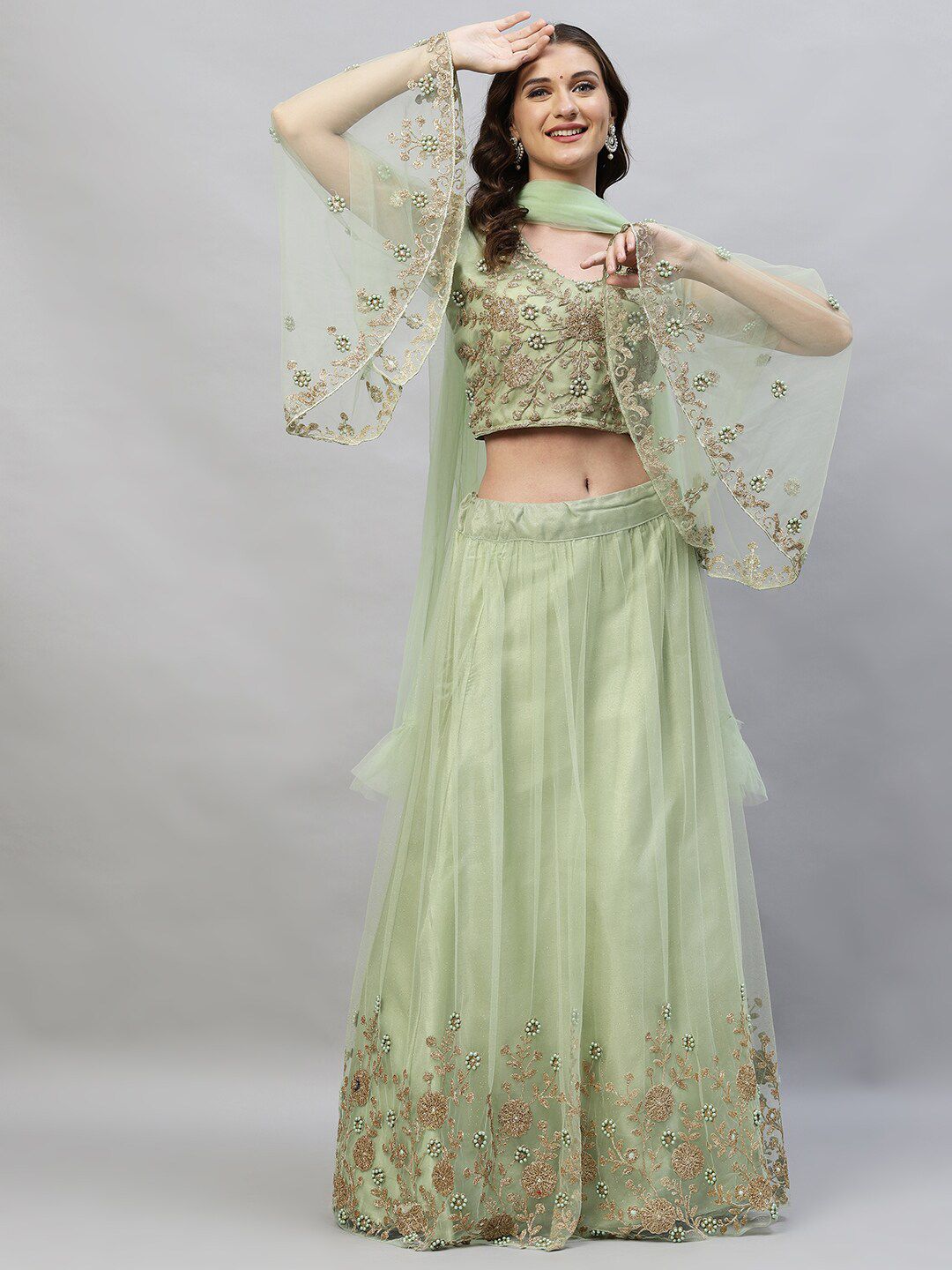 RedRound Green & Gold-Toned Embroidered Semi-Stitched Lehenga & Unstitched Blouse With Dupatta Price in India