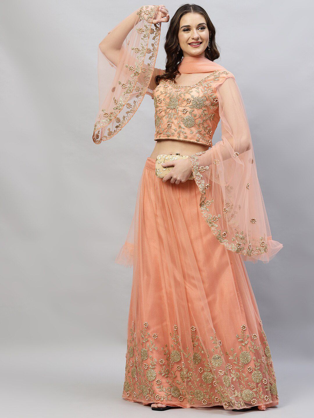 RedRound Peach-Coloured & Gold-Toned Embroidered Semi-Stitched Lehenga & Unstitched Blouse With Dupatta Price in India