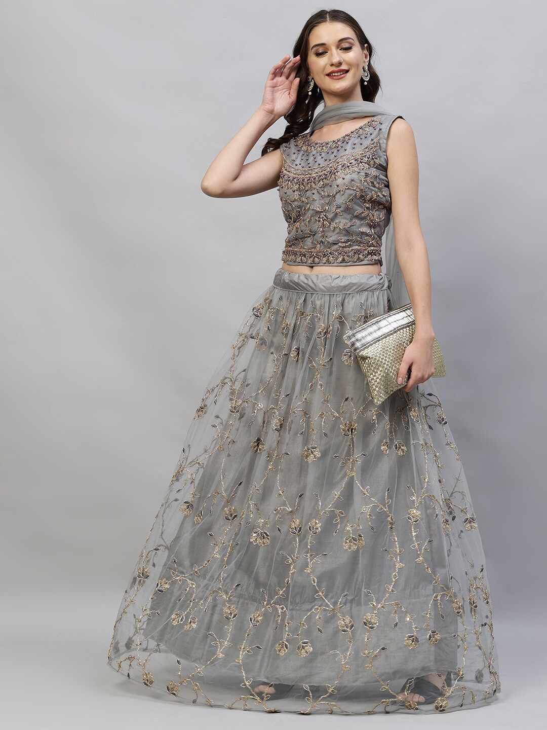 RedRound Grey & Gold-Toned Embroidered Semi-Stitched Lehenga & Unstitched Blouse With Dupatta Price in India