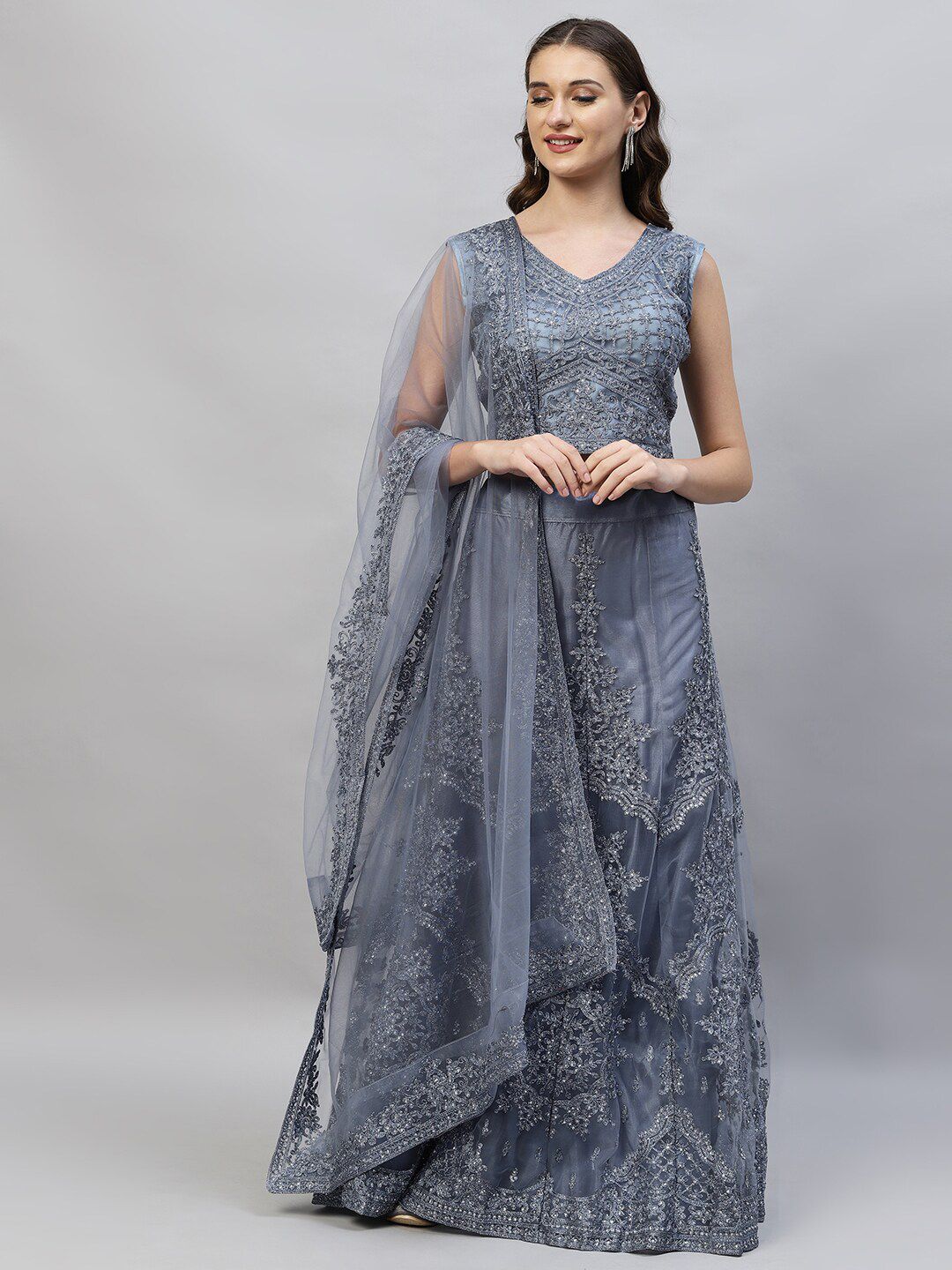 RedRound Grey Embroidered Sequinned Semi-Stitched Lehenga & Unstitched Blouse With Dupatta Price in India