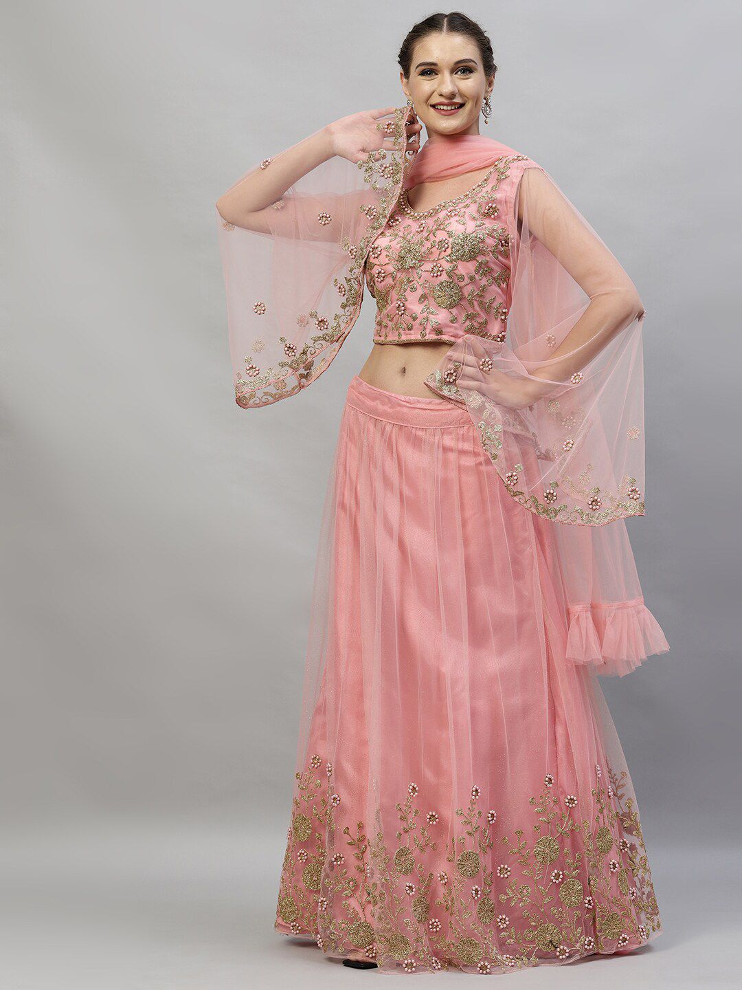 RedRound Pink & Gold-Toned Embroidered Semi-Stitched Lehenga & Unstitched Blouse With Dupatta Price in India
