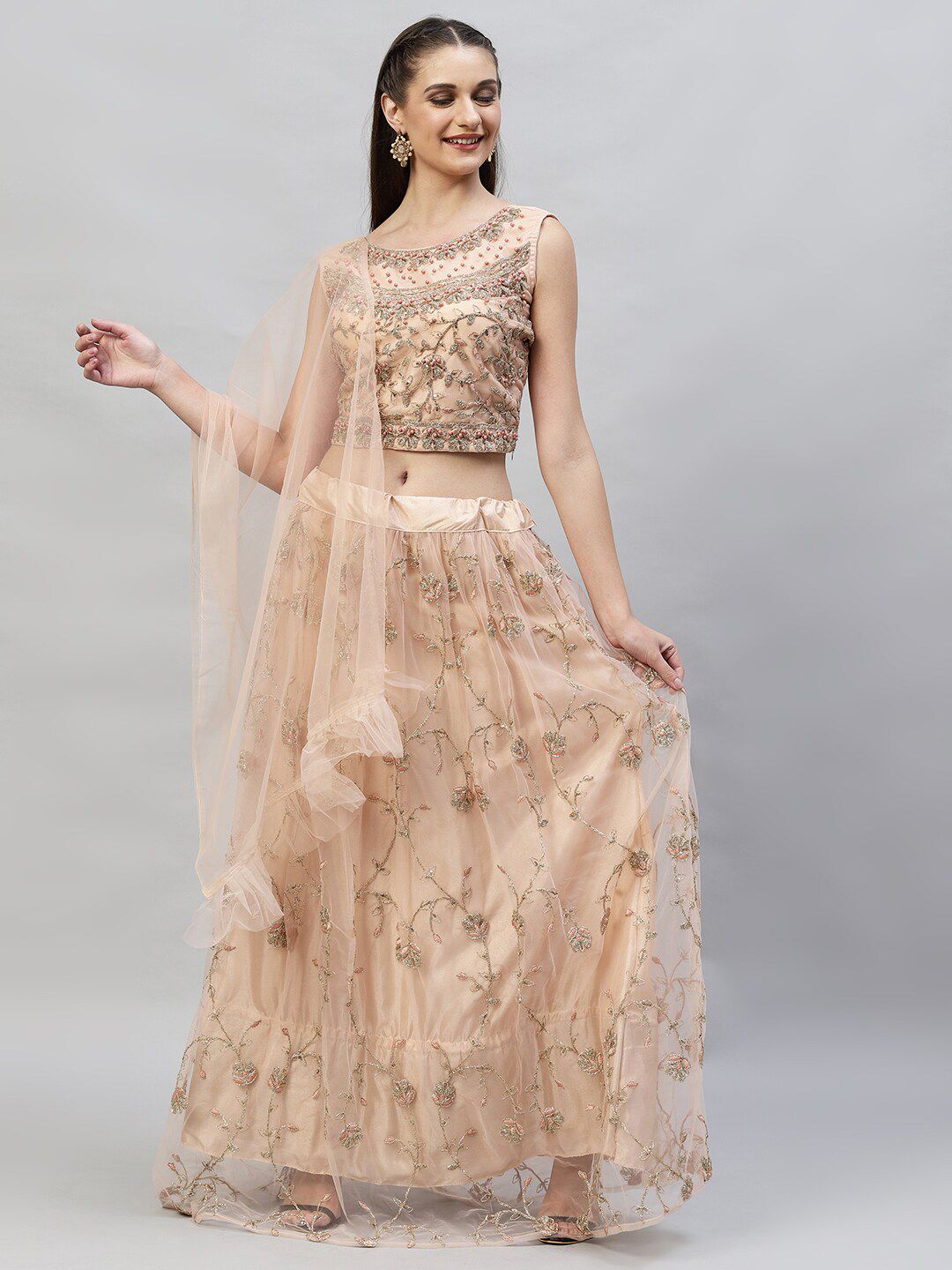 RedRound Peach-Coloured & Gold-Toned Embroidered Semi-Stitched Lehenga & Unstitched Blouse With Dupatta Price in India