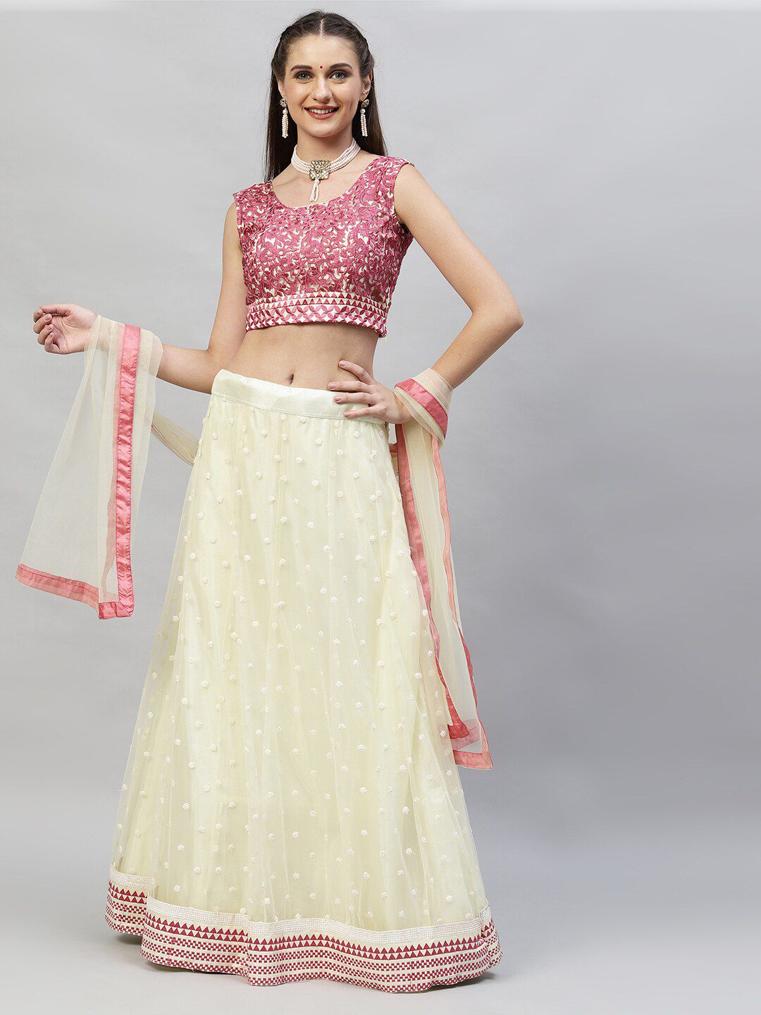 RedRound Purple & Cream-Coloured Embroidered Thread Work Semi-Stitched Lehenga & Unstitched Blouse With Price in India