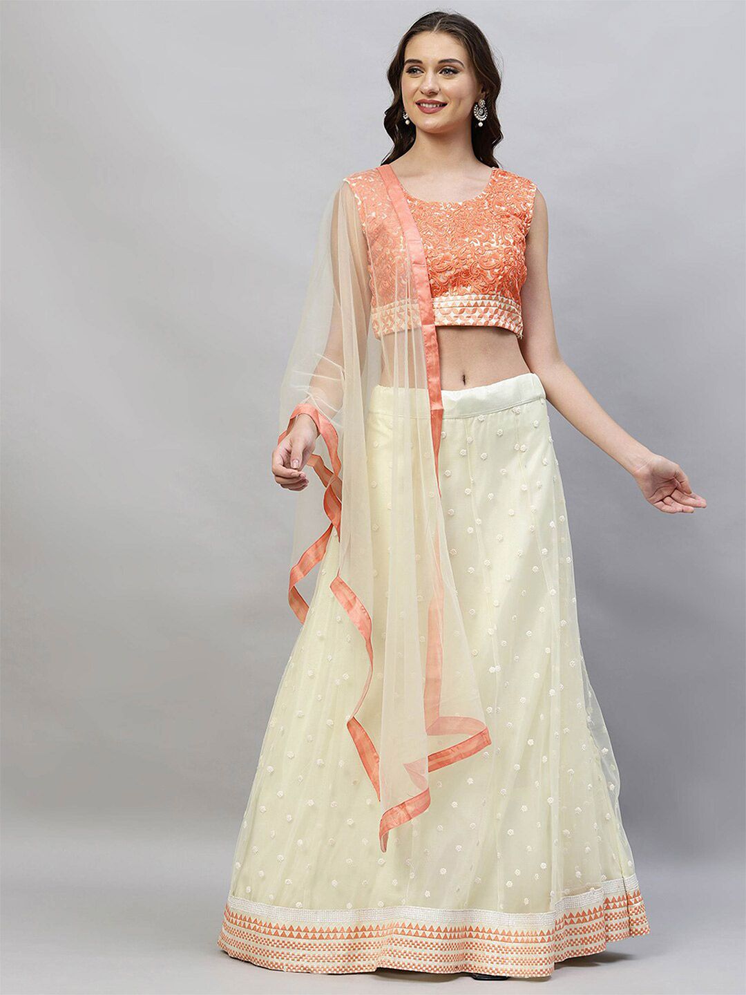 RedRound Orange & Cream-Coloured Embroidered Thread Work Semi-Stitched Lehenga & Unstitched Blouse With Price in India