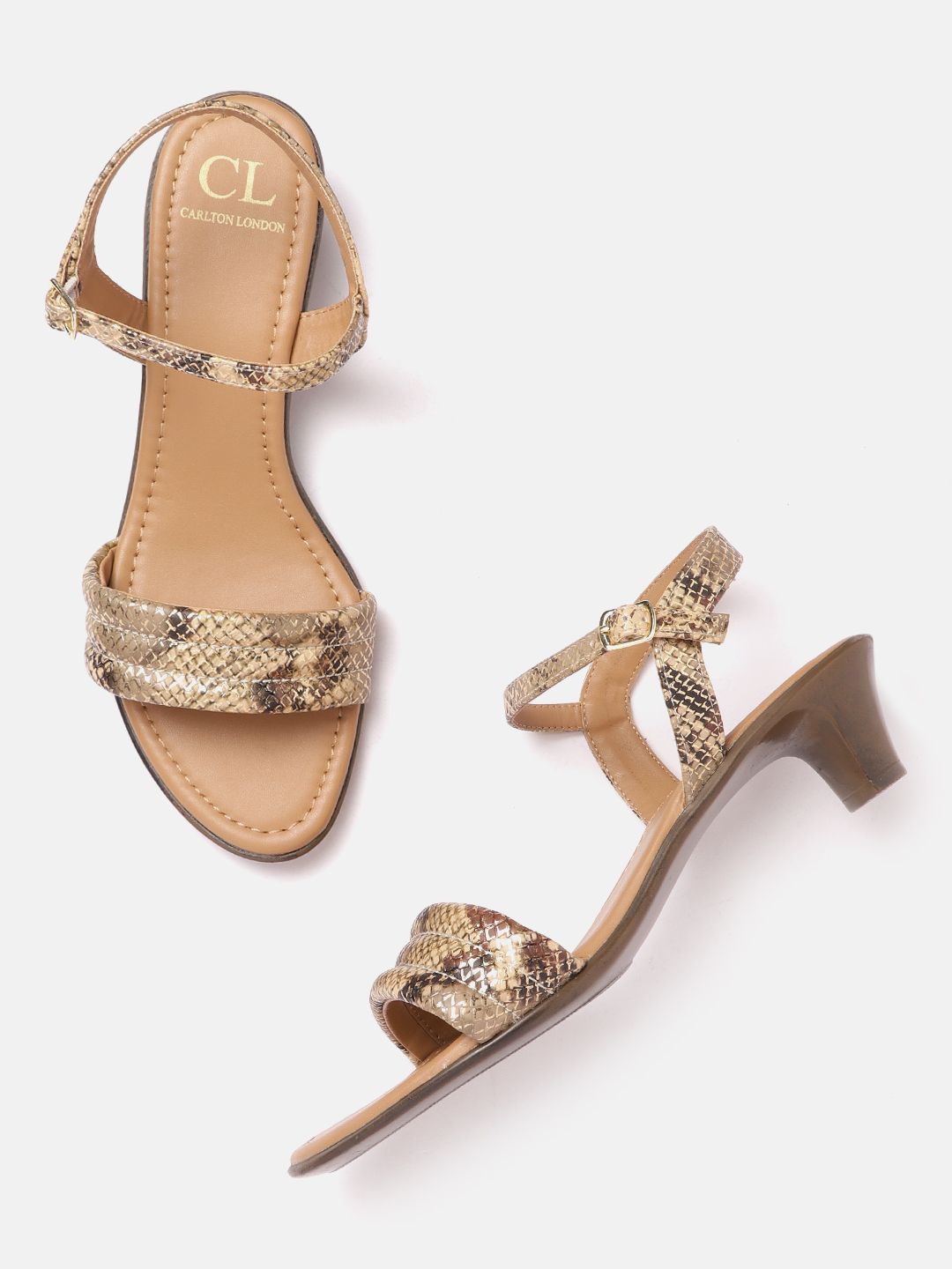 Carlton London Women Beige & Gold-Toned Snakeskin Print Block Heels Price in India