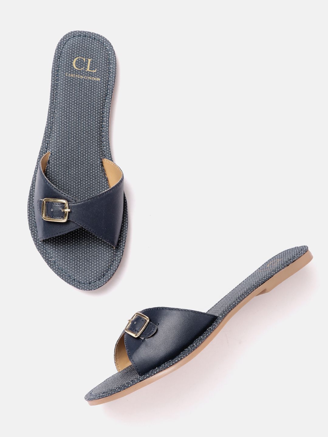 Carlton London Women Navy Blue Solid Open Toe Flats with Buckle Detail Price in India