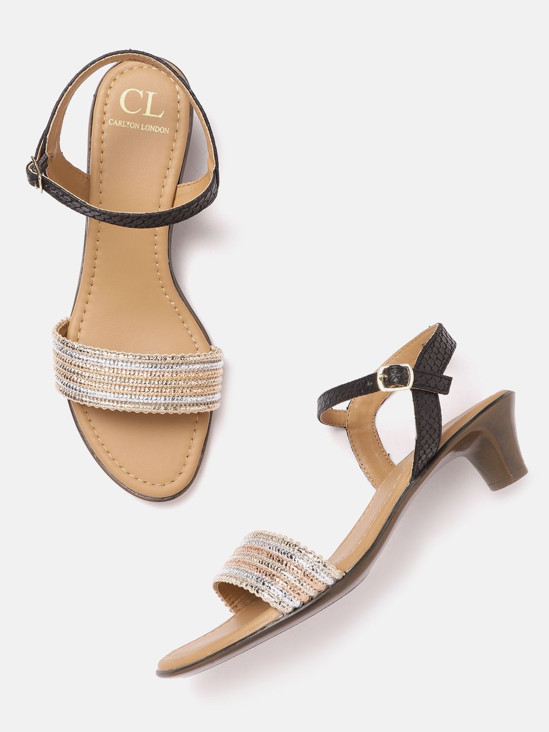 Carlton London Women Gold-Toned & Silver-Toned Striped Block Heels Price in India