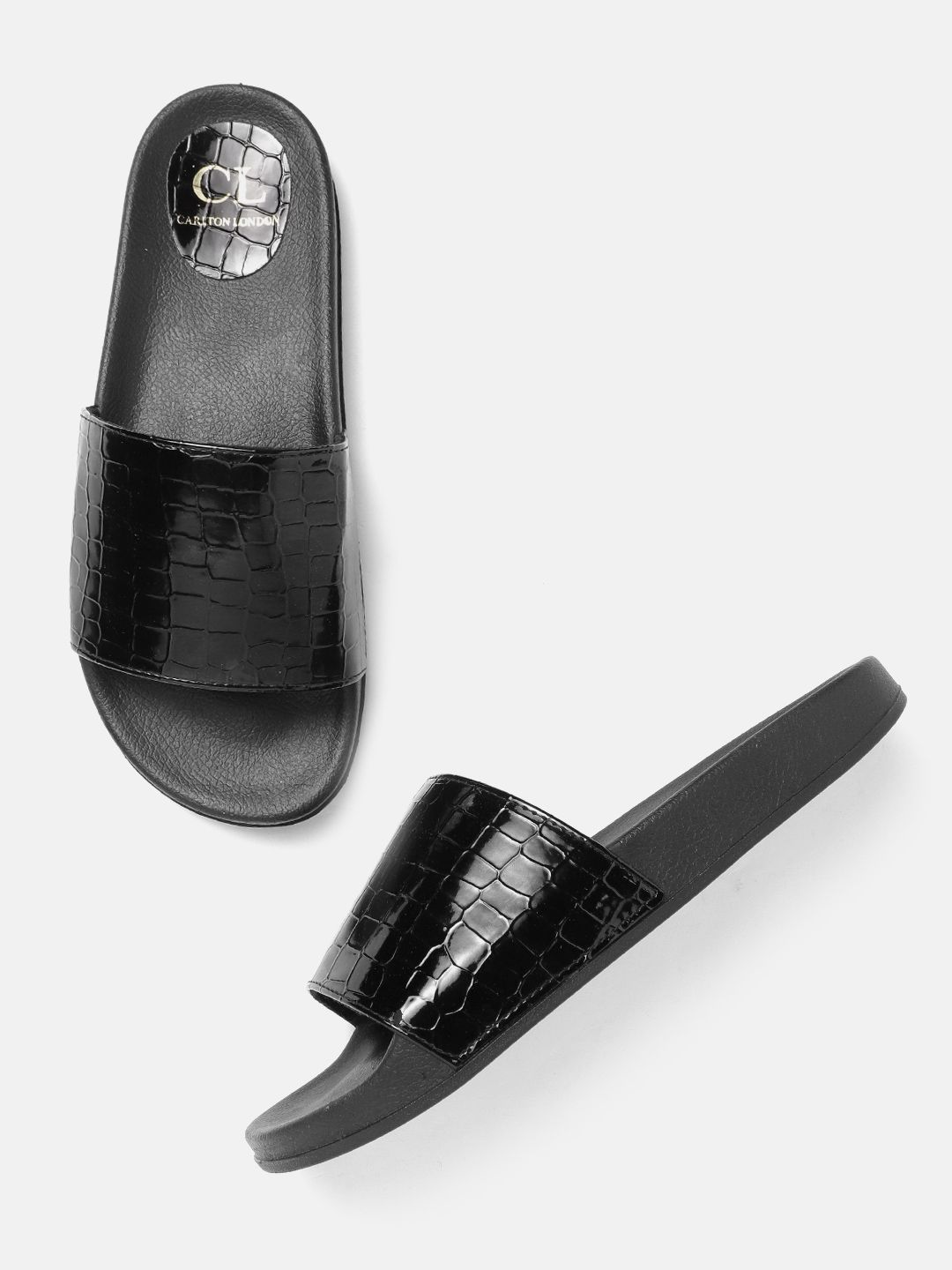 Carlton London Women Black Croc- Textured Open Toe Flats Price in India