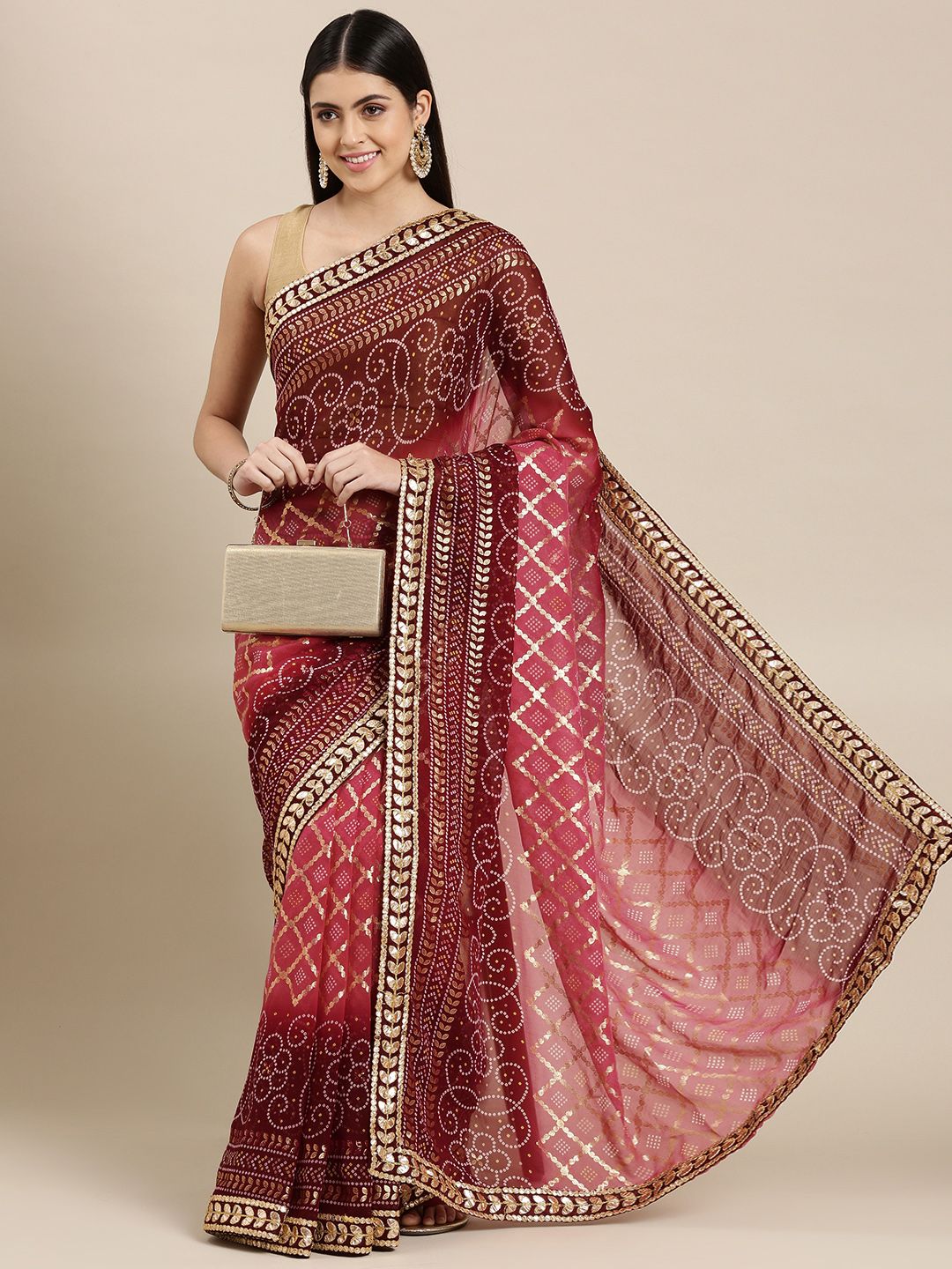 Mitera Pink & Maroon Bandhani Gotta Patti Pure Georgette Bandhani Saree Price in India