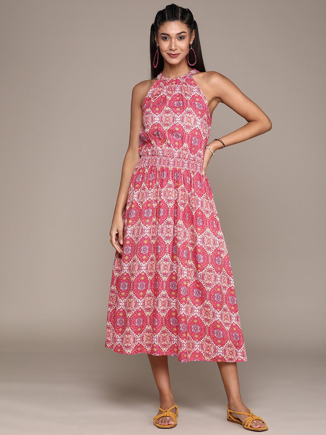 aarke Ritu Kumar Pink & Beige Halter Neck Midi Dress Price in India