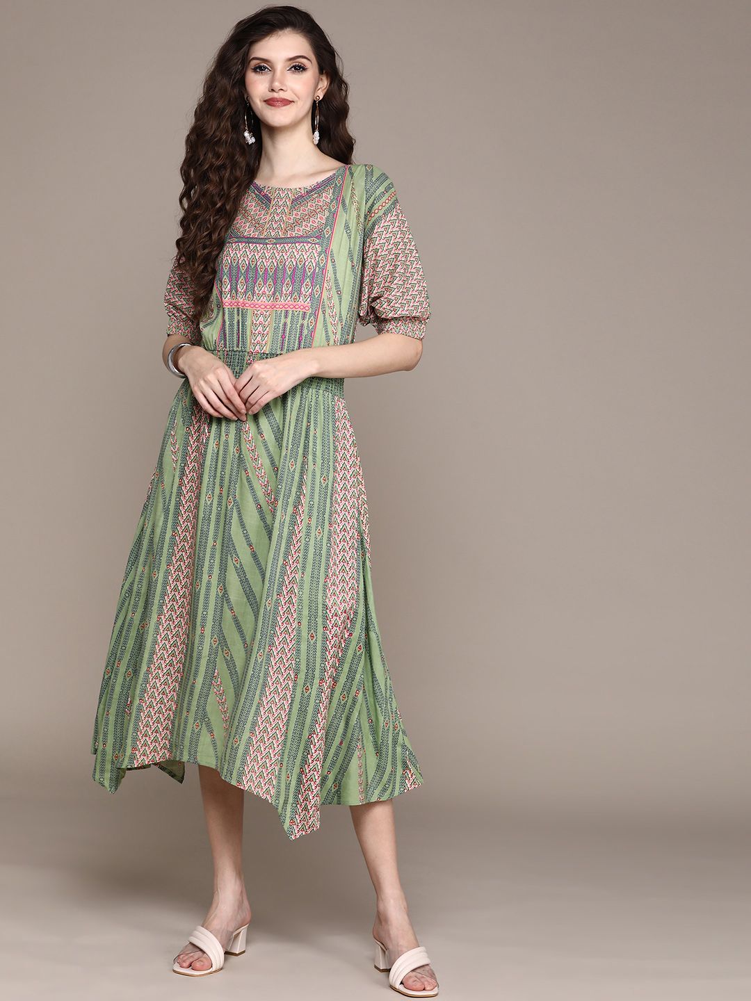 aarke Ritu Kumar Green & Pink Midi Dress Price in India