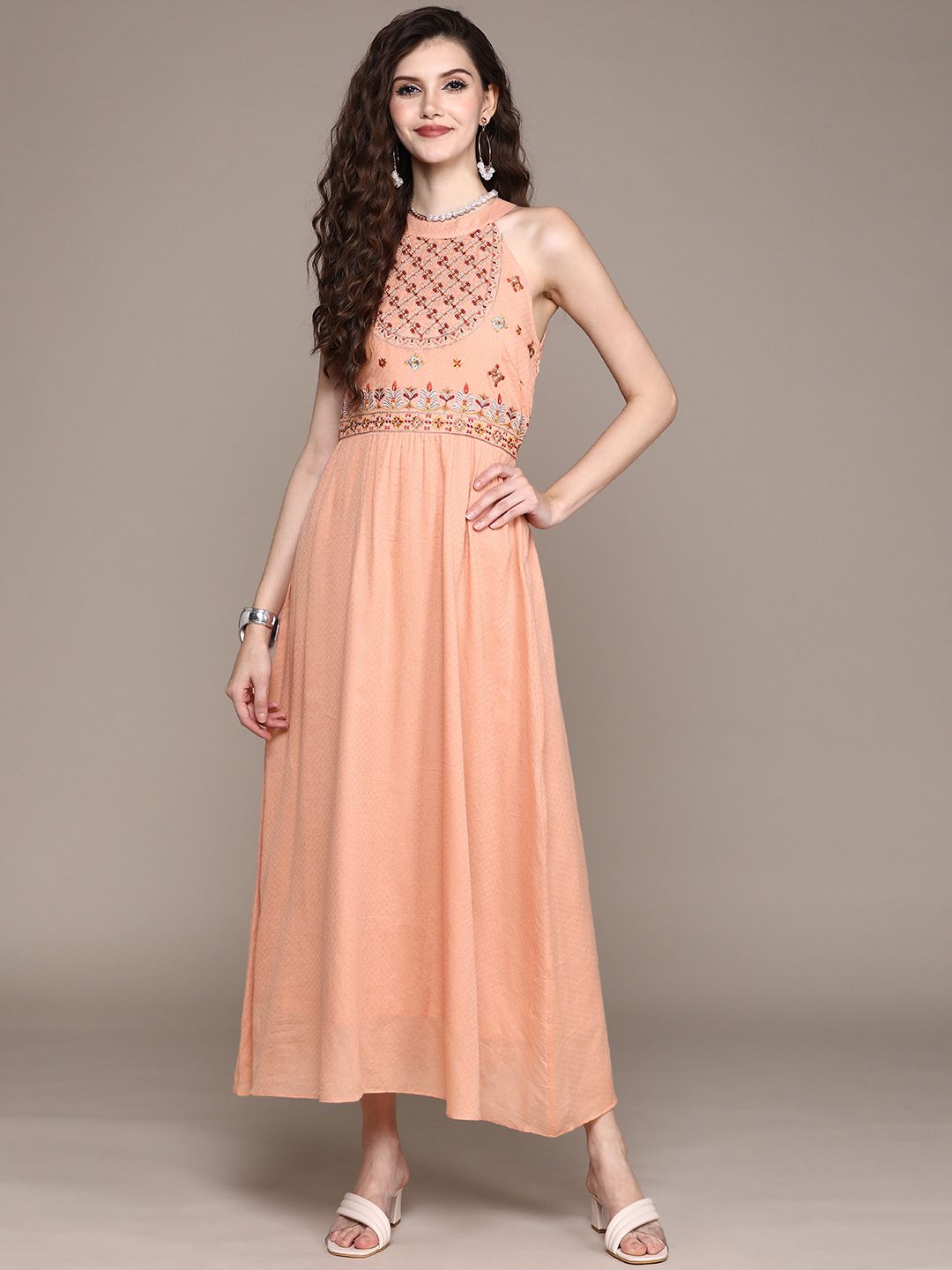 aarke Ritu Kumar Peach-Coloured Ethnic Motifs Embroidered Halter Neck Maxi Dress Price in India