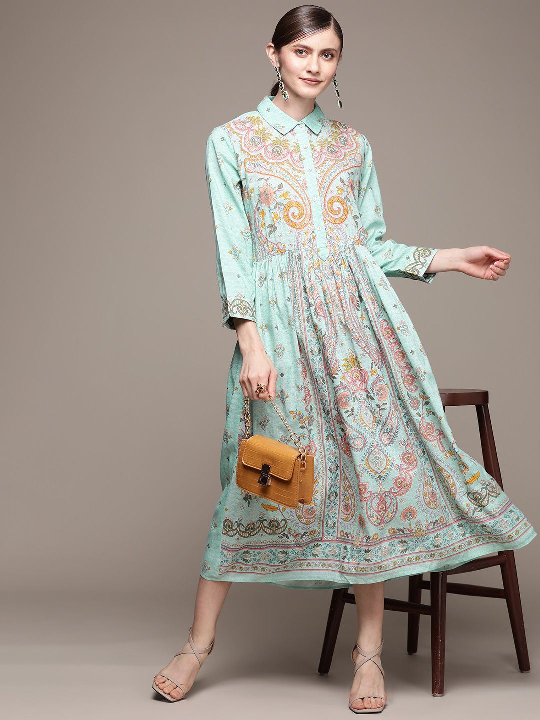 aarke Ritu Kumar Mint Green & Pink Ethnic Motifs Shirt Midi Dress Price in India