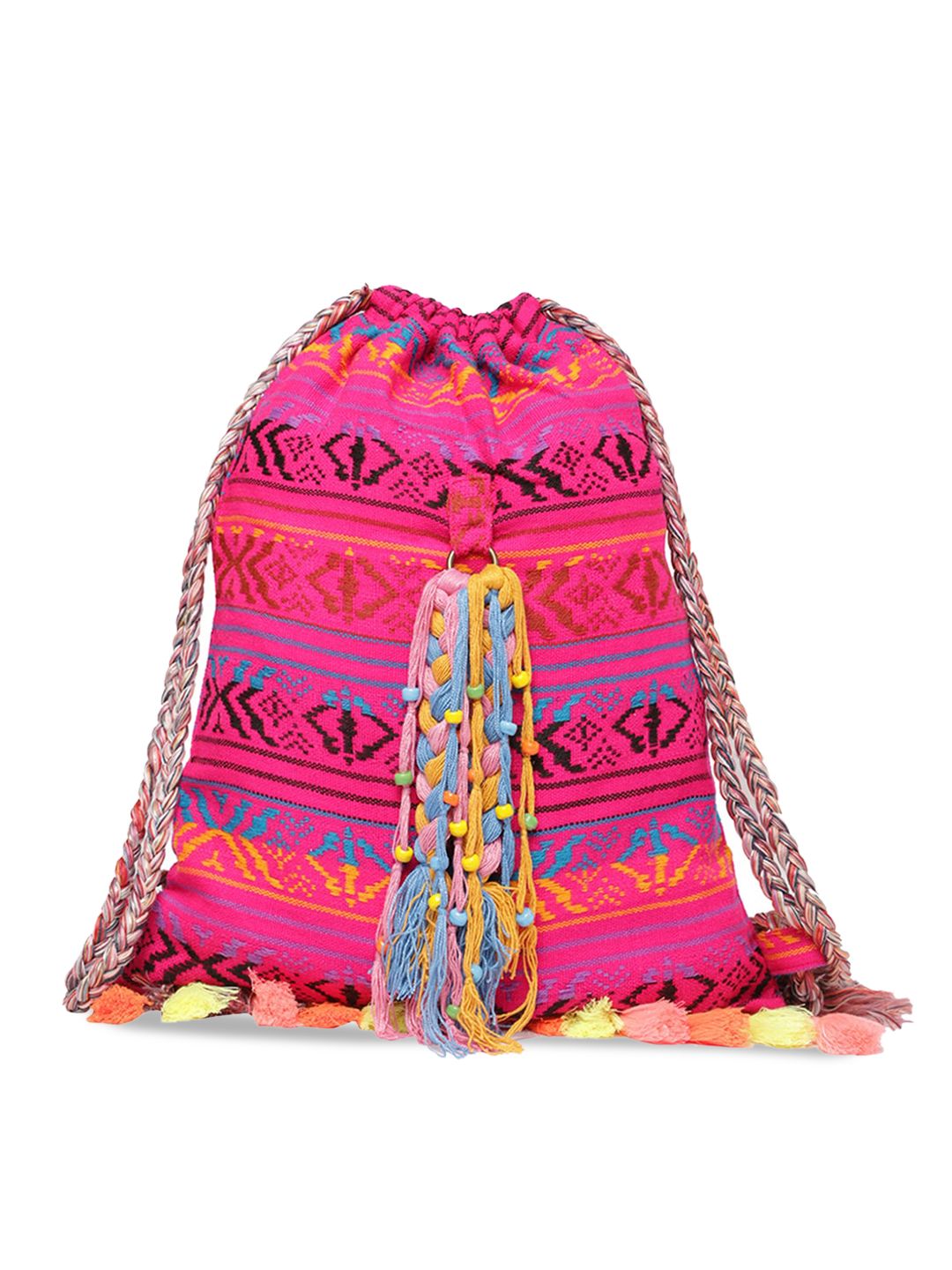 The House of Tara Women Pink & Black Tasselled Backpack Price in India