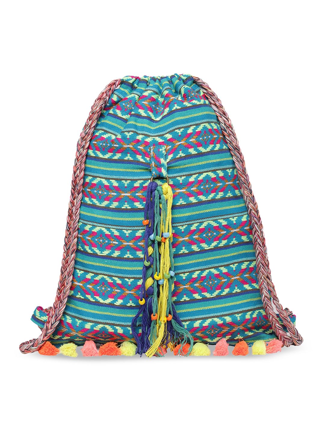 The House of Tara Women Teal & Yellow Tasselled Backpack Price in India