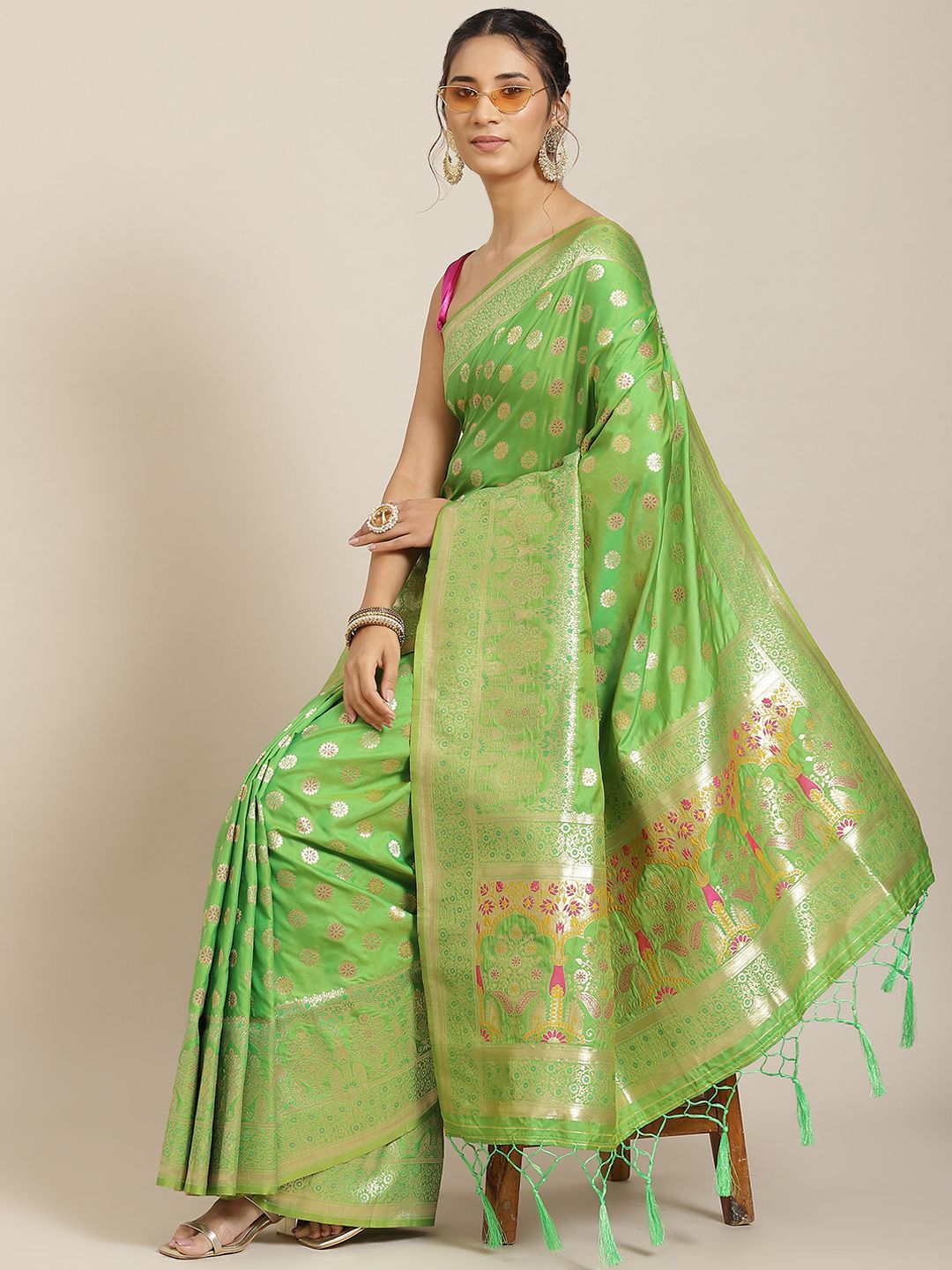 Havida Sarees Green Ethnic Motifs Zari Silk Blend Banarasi Saree Price in India