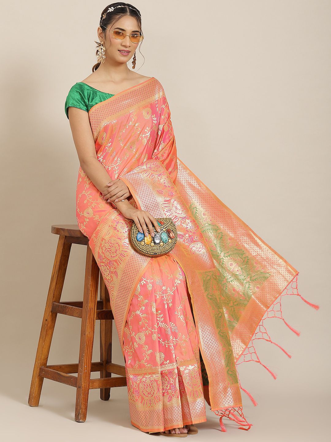 Havida Sarees Peach-Coloured Ethnic Motifs Zari Silk Blend Banarasi Saree Price in India