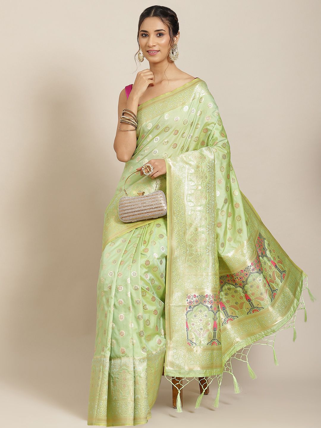 Havida Sarees Green Ethnic Motifs Zari Silk Blend Banarasi Saree Price in India