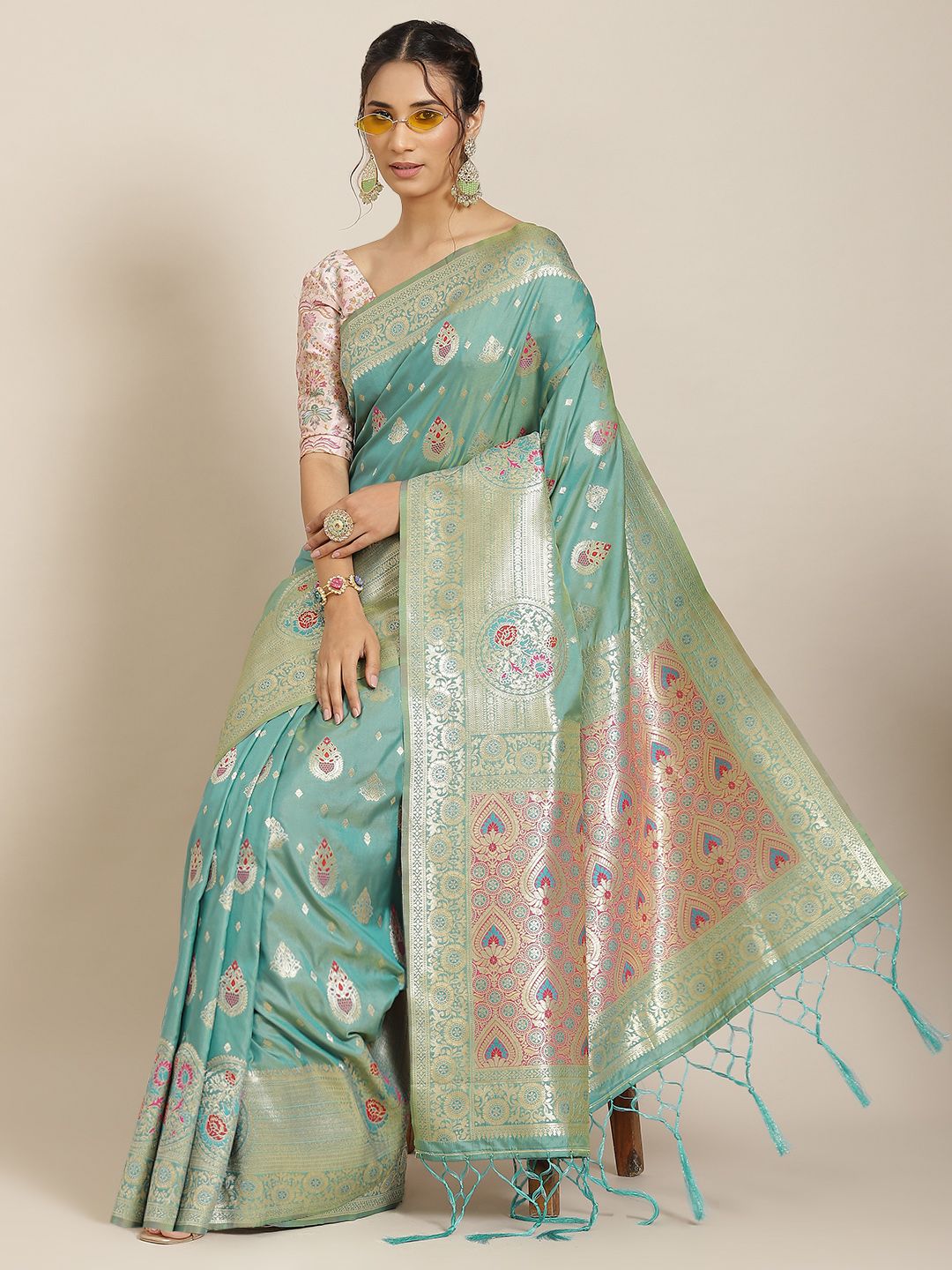 Havida Sarees Blue Ethnic Motifs Zari Silk Blend Banarasi Saree Price in India