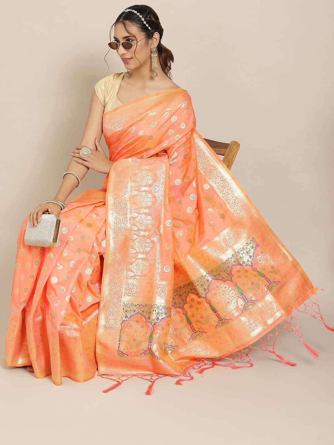 Havida Sarees Peach-Coloured Ethnic Motifs Zari Silk Blend Banarasi Saree Price in India