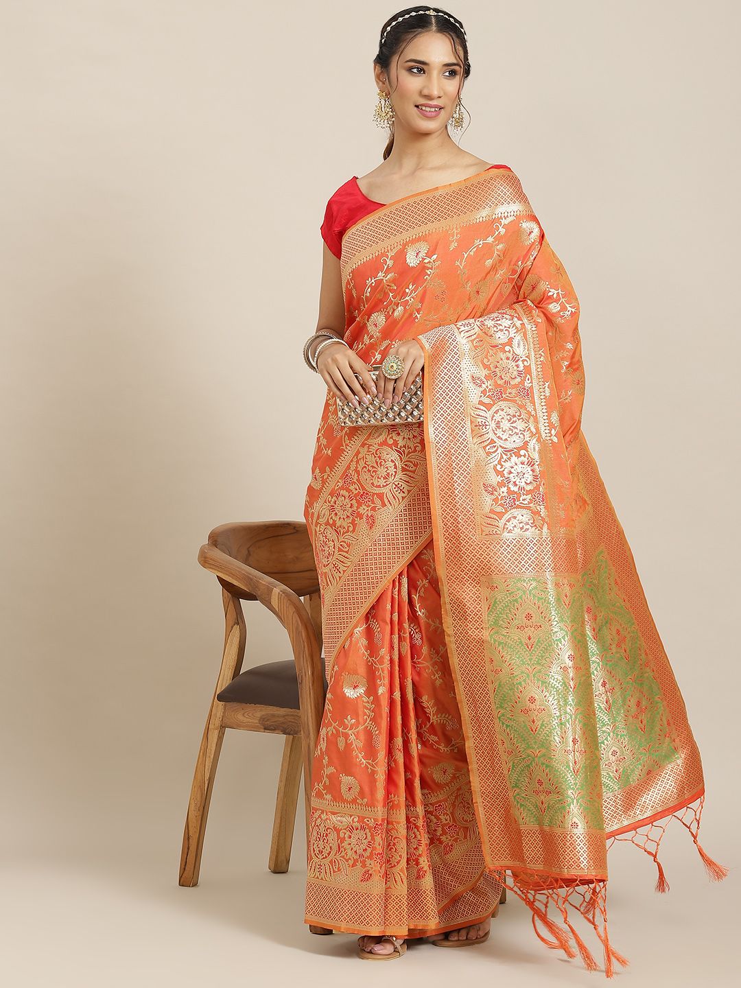 Havida Sarees Orange Ethnic Motifs Zari Silk Blend Banarasi Saree Price in India