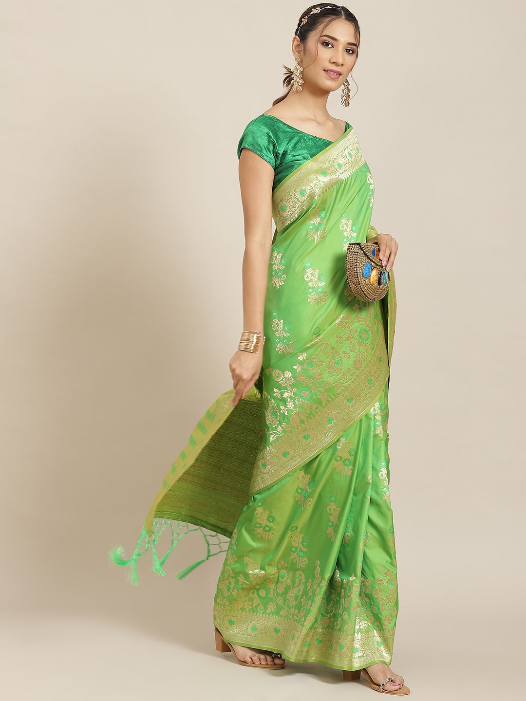 Havida Sarees Green Ethnic Motifs Zari Silk Blend Banarasi Saree Price in India