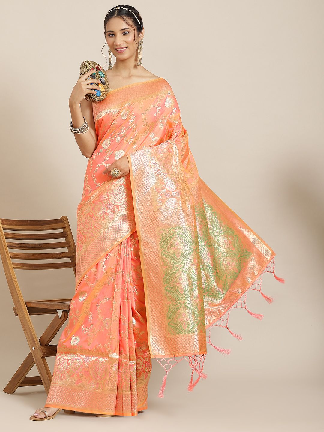 Havida Sarees Peach-Coloured & Green Ethnic Motifs Zari Silk Blend Banarasi Saree Price in India