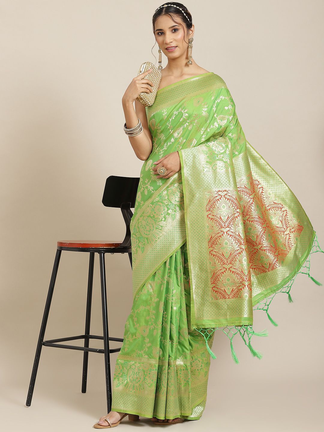 Havida Sarees Green Ethnic Motifs Zari Silk Blend Banarasi Saree Price in India