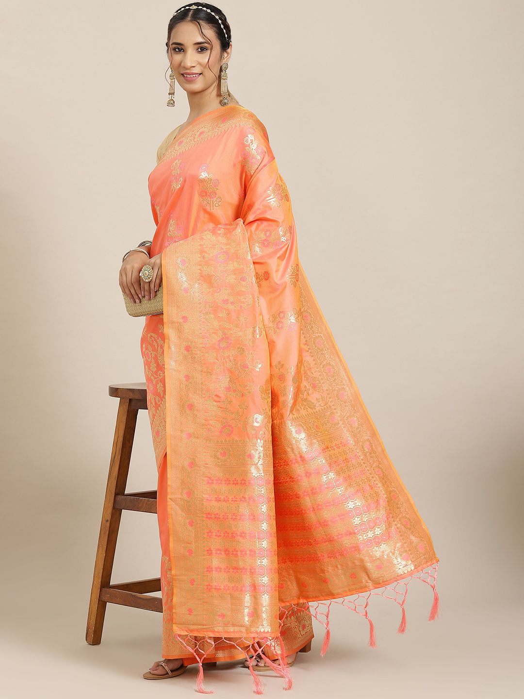 Havida Sarees Peach-Coloured Ethnic Motifs Zari Silk Blend Banarasi Saree Price in India