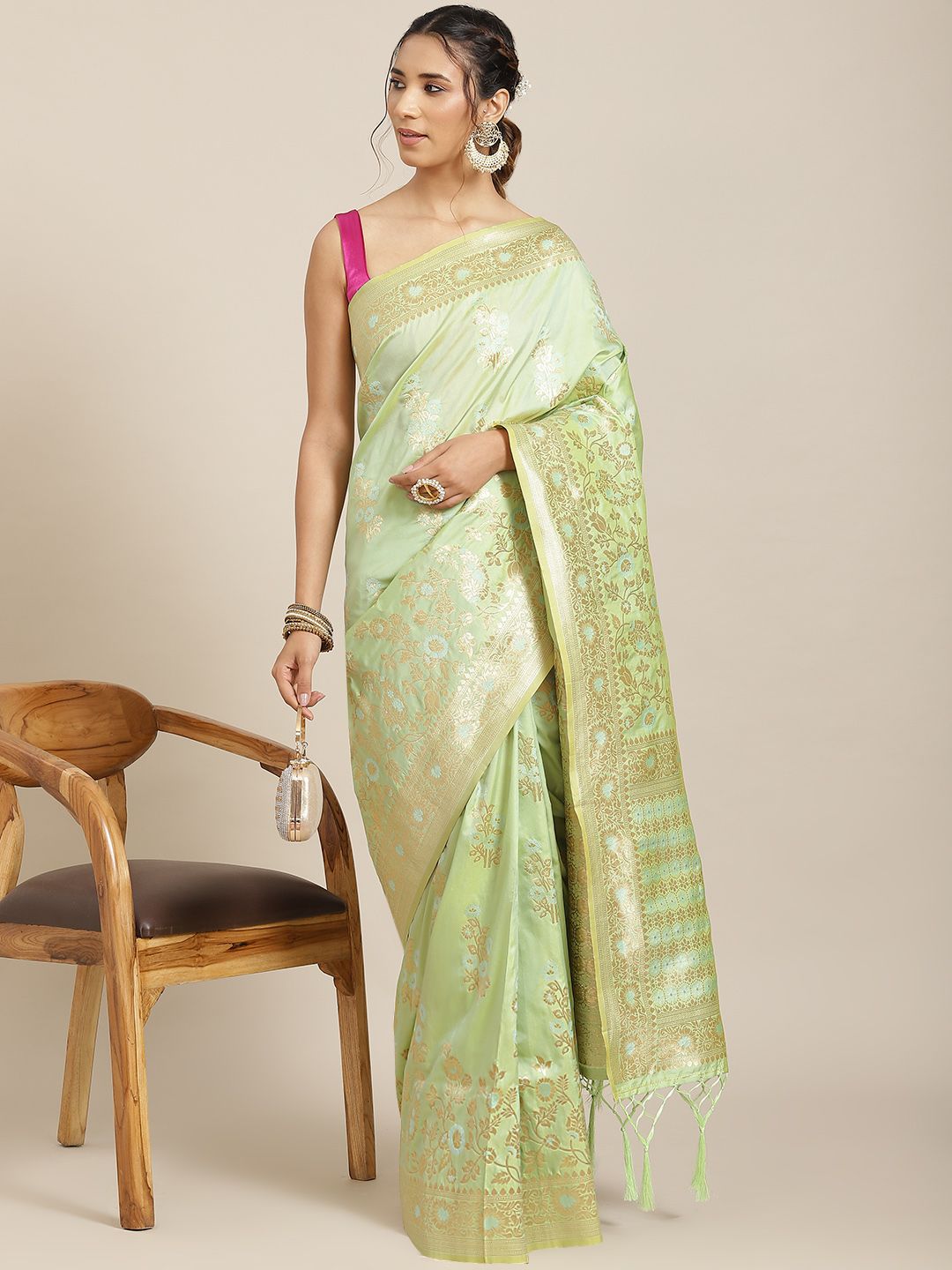Havida Sarees Green Ethnic Motifs Zari Silk Blend Banarasi Saree Price in India