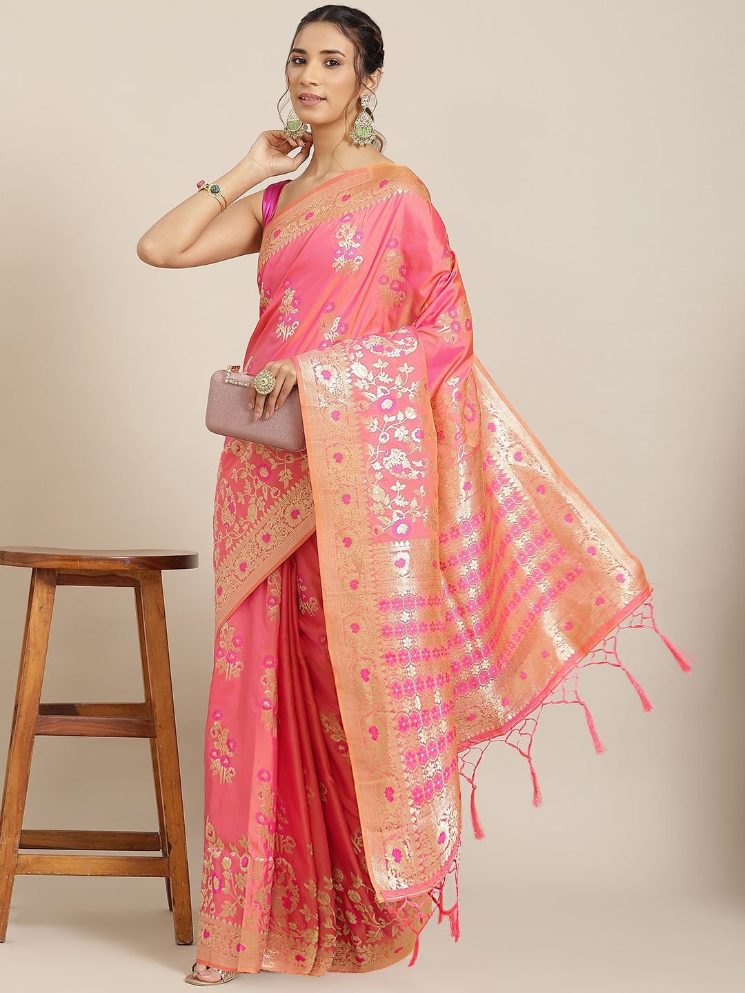 Havida Sarees Peach-Coloured Ethnic Motifs Zari Silk Blend Banarasi Saree Price in India