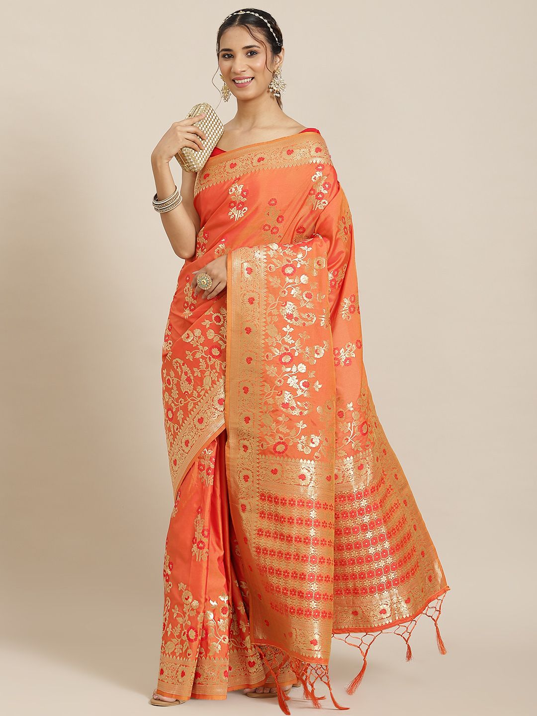 Havida Sarees Orange Ethnic Motifs Zari Silk Blend Banarasi Saree Price in India