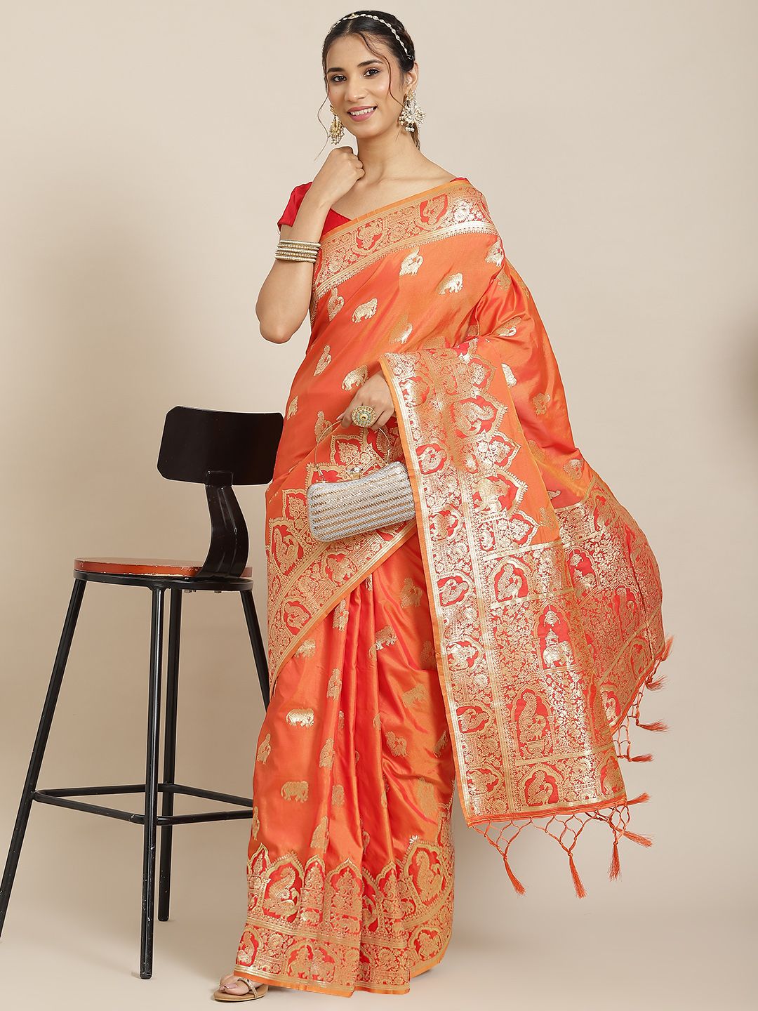 Havida Sarees Orange Ethnic Motifs Zari Silk Blend Banarasi Saree Price in India