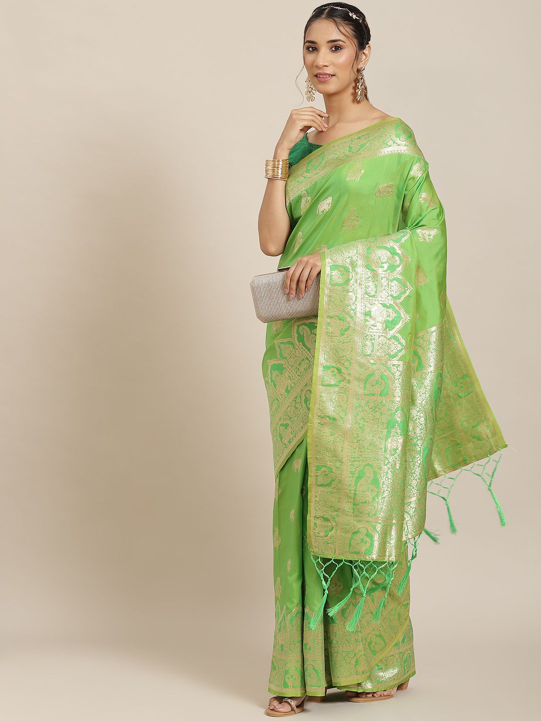 Havida Sarees Green Ethnic Motifs Zari Silk Blend Banarasi Saree Price in India