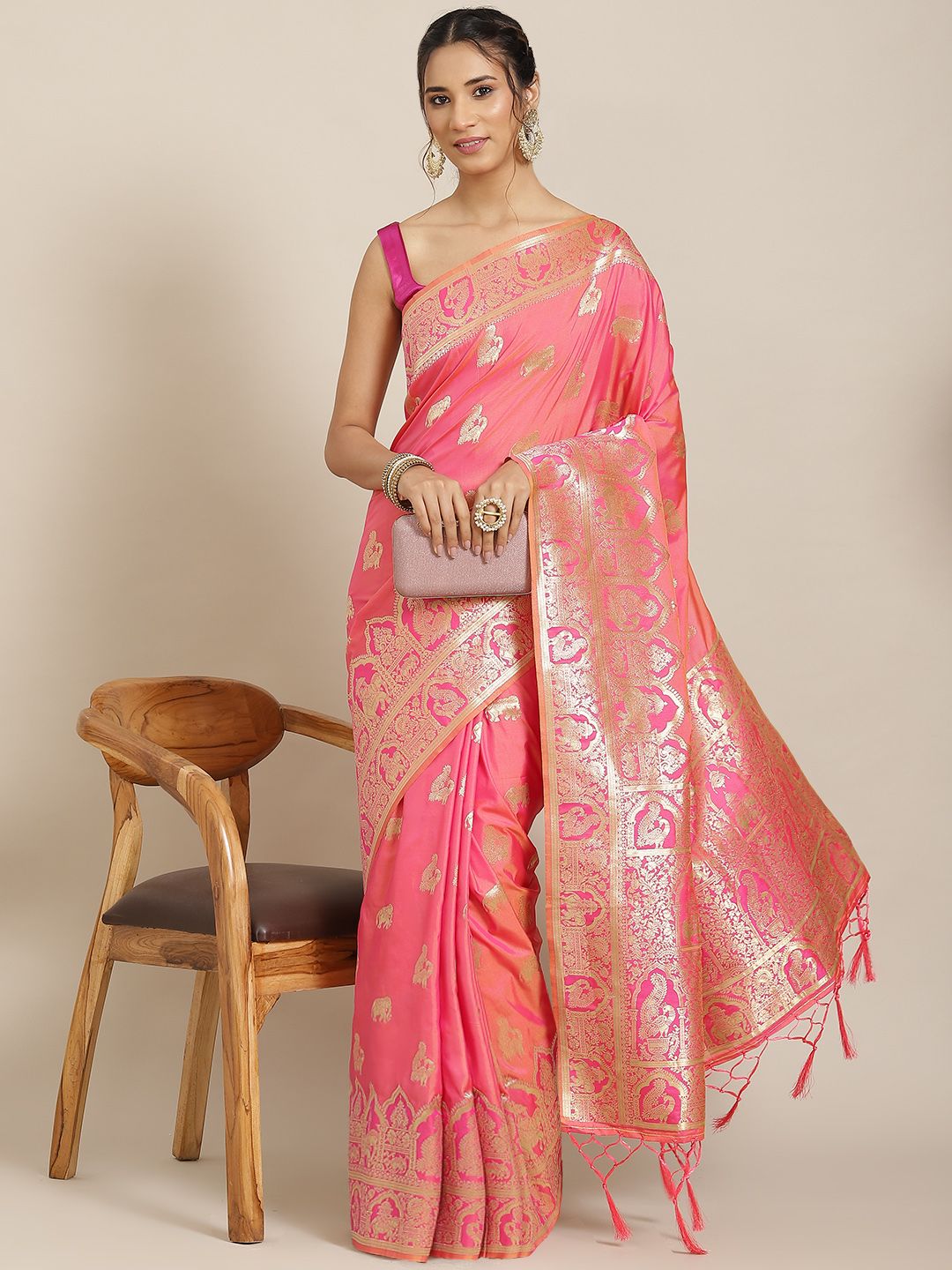 Havida Sarees Peach-Coloured Ethnic Motifs Zari Silk Blend Banarasi Saree Price in India