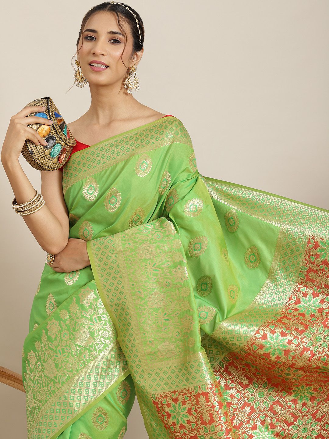 Havida Sarees Green Ethnic Motifs Zari Silk Blend Banarasi Saree Price in India