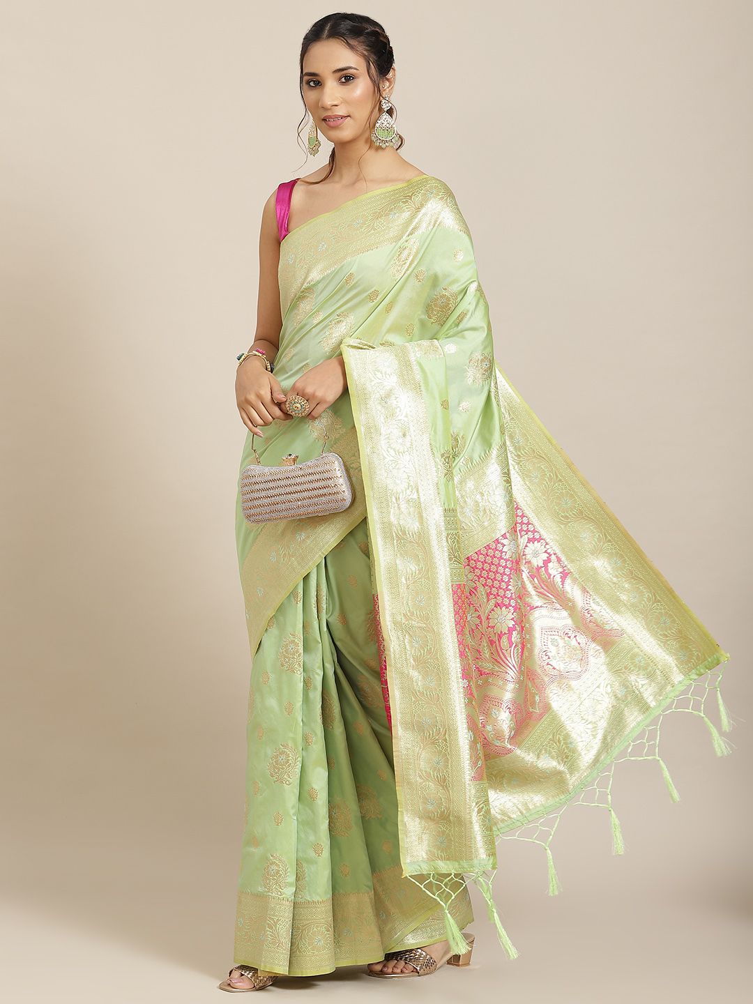 Havida Sarees Green Ethnic Motifs Zari Silk Blend Banarasi Saree Price in India